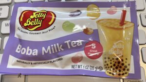 A package of Jelly Belly brand jelly beans, boba milk tea flavored.